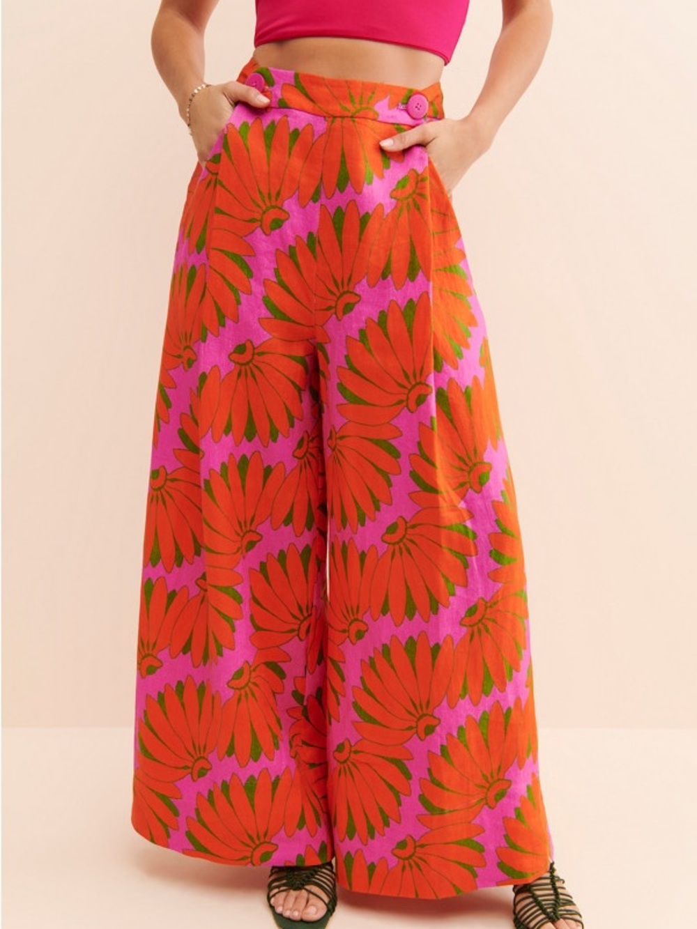 FARM Rio 100% Linen Pink Wide-Leg Pants with Orange Floral Print